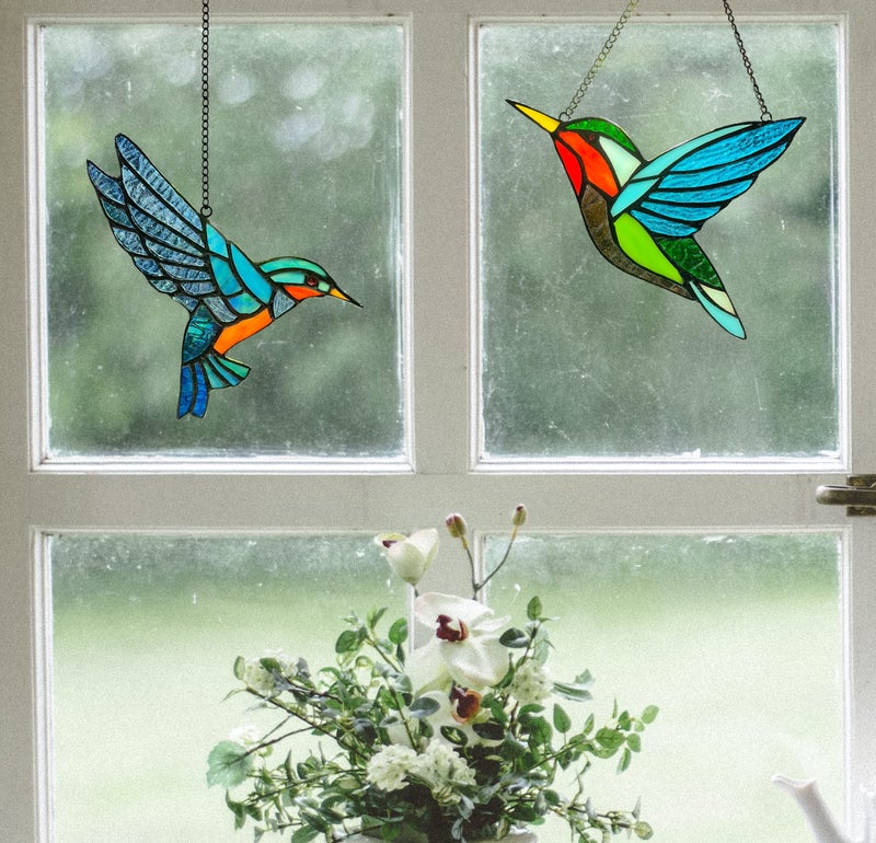 Zuajiter 2 Pack Hummingbird Stained Glass Birds Window Hangings  Stained Glass Decorations Bird Suncatcher for Window Decor Hummingbird Gifts for Mom Bird Lovers - Image 3